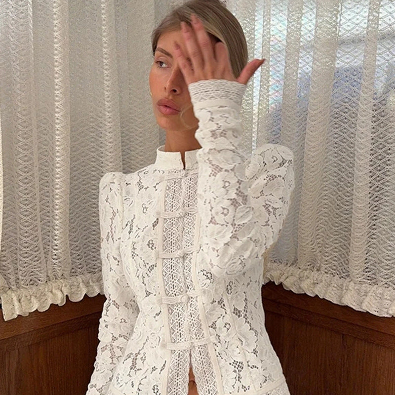 Damen Spitzen-Bluse mit feinen Rüschendetails und transparenten Ärmeln Drune