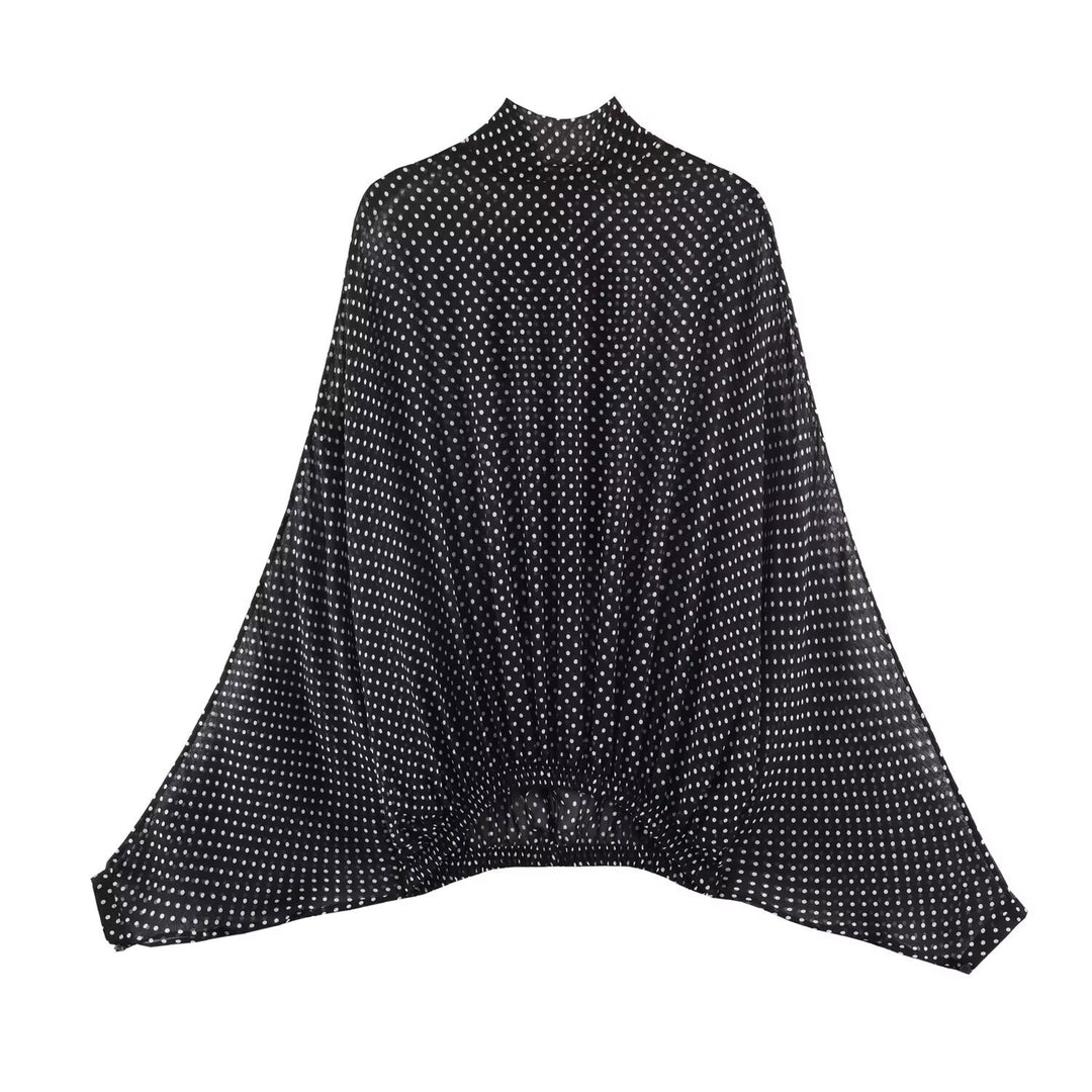 Damen 100+ oversized Pünktchenbluse mit Fledermausärmeln, Stehkragen und elastischem Saum Drune