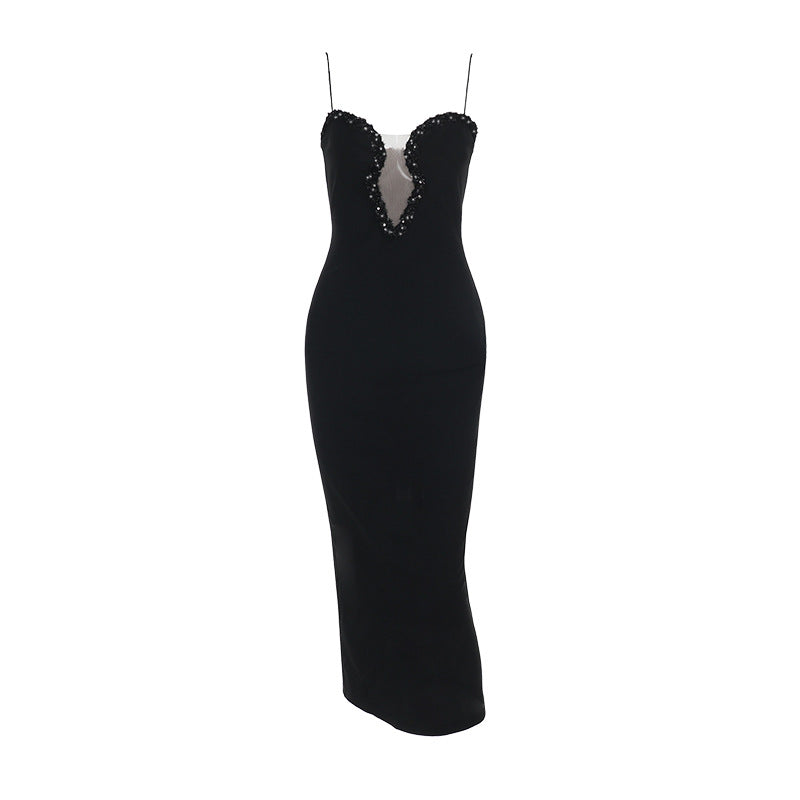Damen elegantes Abendkleid mit tiefem V-Ausschnitt und funkelnden Strassdetails Drune