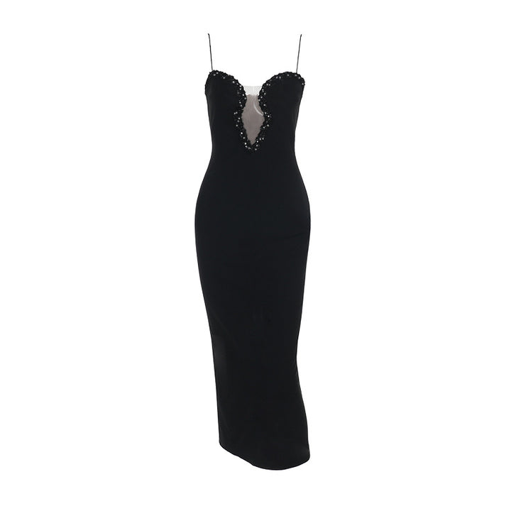Damen elegantes Abendkleid mit tiefem V-Ausschnitt und funkelnden Strassdetails Drune