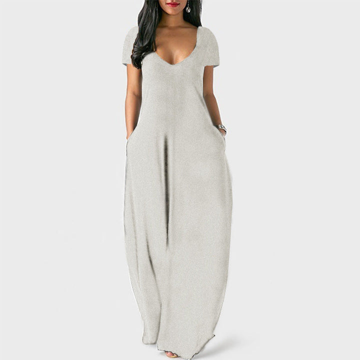 Drune | U-Ausschnitt Kurzarm Lockere Passform Maxikleid