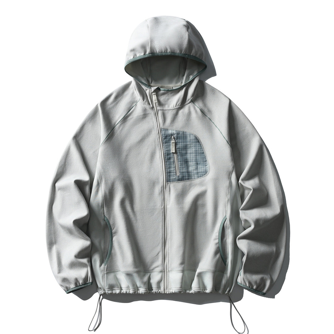 Unisex Leichte Tech-Fleece Kapuzenjacke mit Frontreißverschluss, Brust-Zip-Tasche und Kordelzugsaum Drune