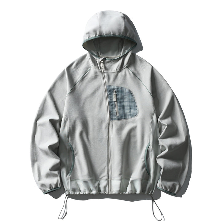 Unisex Leichte Tech-Fleece Kapuzenjacke mit Frontreißverschluss, Brust-Zip-Tasche und Kordelzugsaum Drune