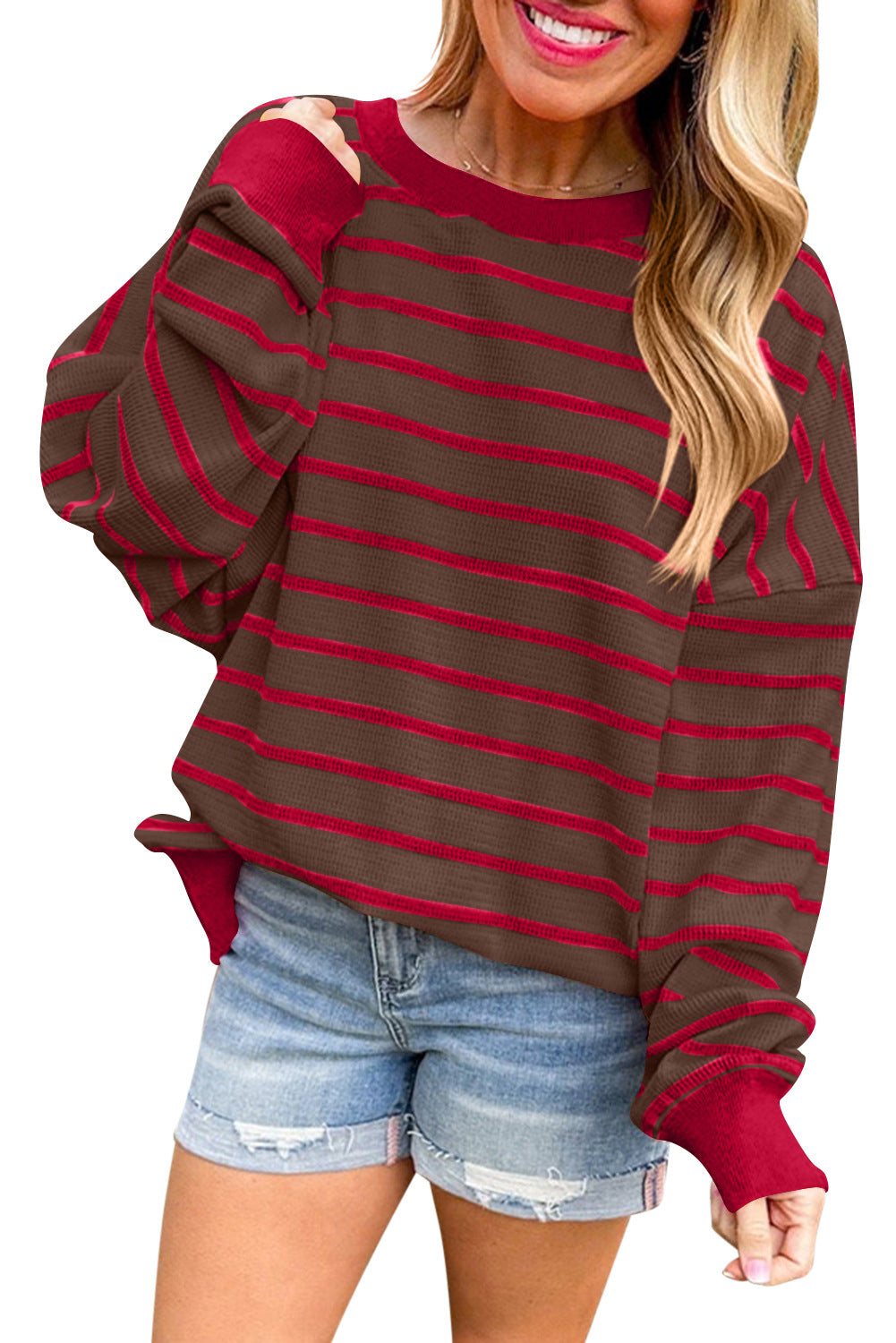 Damen lässiger und bequemer Pullover mit strukturiertem Rippenmuster und weitem Schnitt Drune
