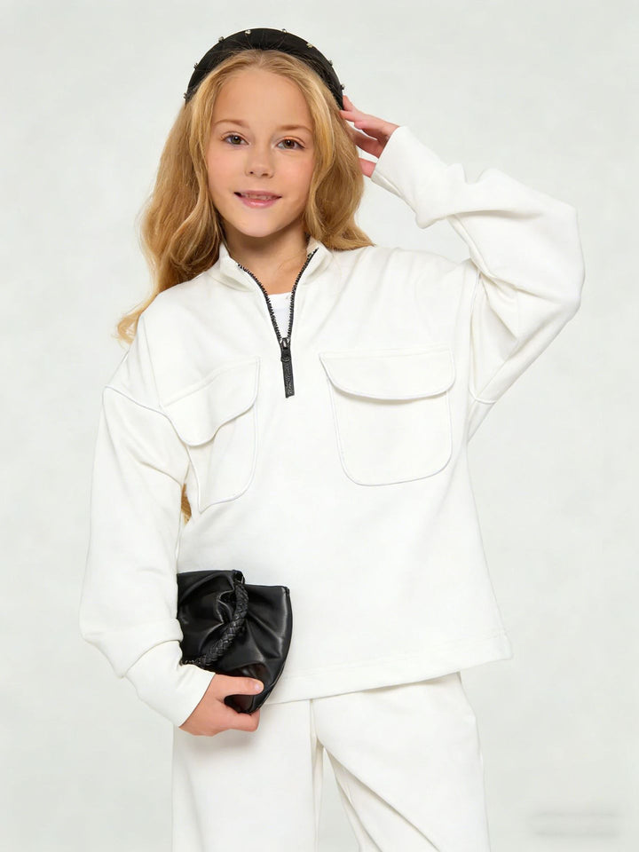 Damen sportlicher Sweatpullover mit halbem Reißverschluss und praktischen Taschen