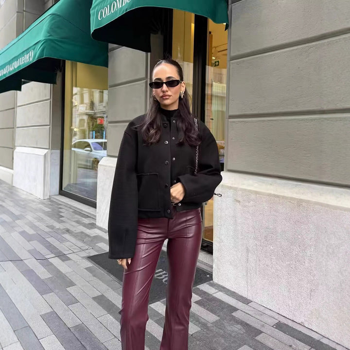 Damen Cropped Wollmix‑Jacke im Boxy‑Schnitt mit Stehkragen und aufgesetzten Taschen Drune