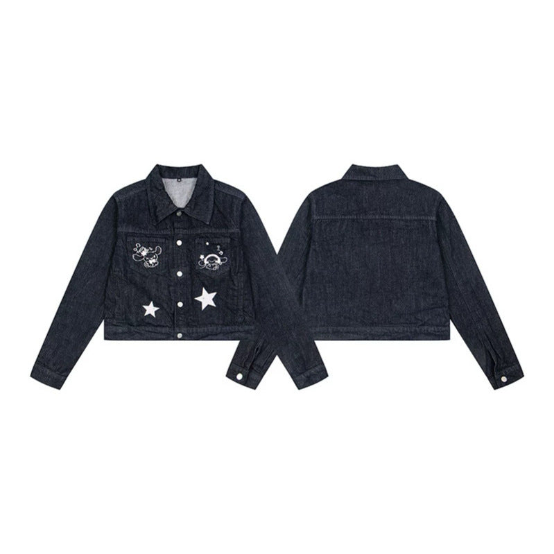 Damen Kurz geschnittene Jeansjacke mit Stern‑Applikationen und Cartoon‑Stickereien Drune