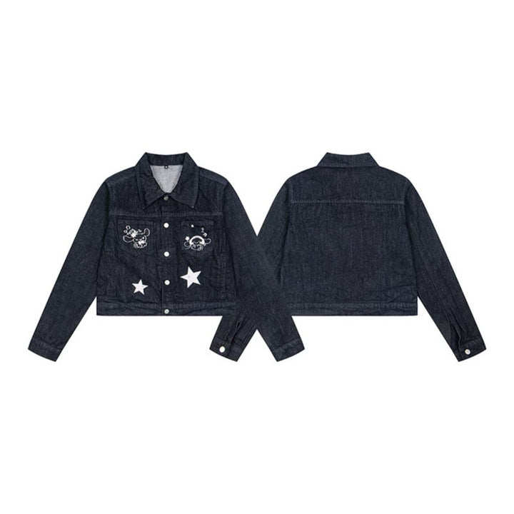 Damen Kurz geschnittene Jeansjacke mit Stern‑Applikationen und Cartoon‑Stickereien Drune
