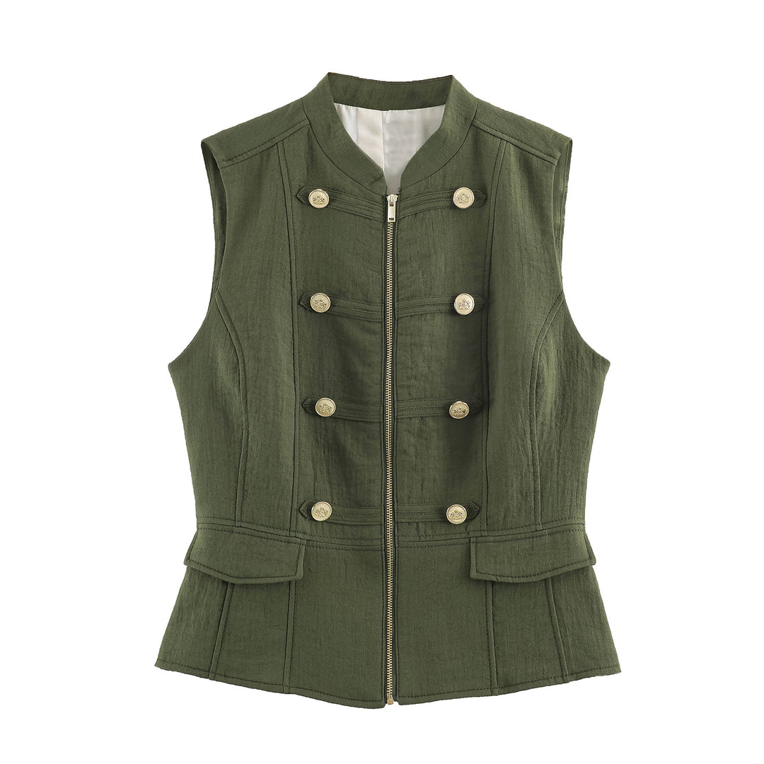 Damen nan taillierte Military-Weste mit Stehkragen, goldenen Zierknöpfen, Reißverschluss und aufgesetzten Klappentaschen Drune