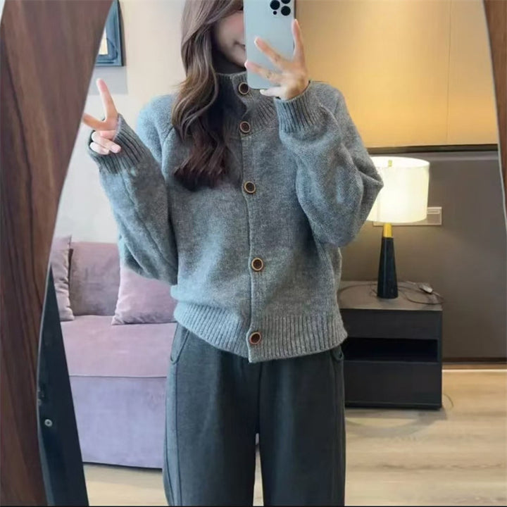 Damen kuscheliger Hochkragen-Cardigan mit Knopfdetails Drune