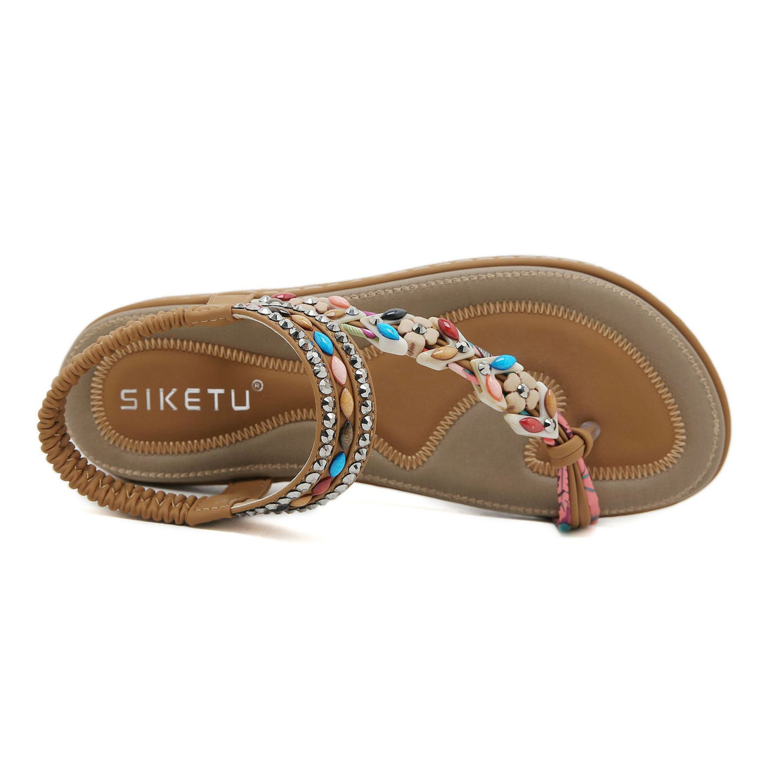 Damen Sandalen im Boho-Stil mit funkelnden Perlenverzierungen und bequemem Fußbett Drune