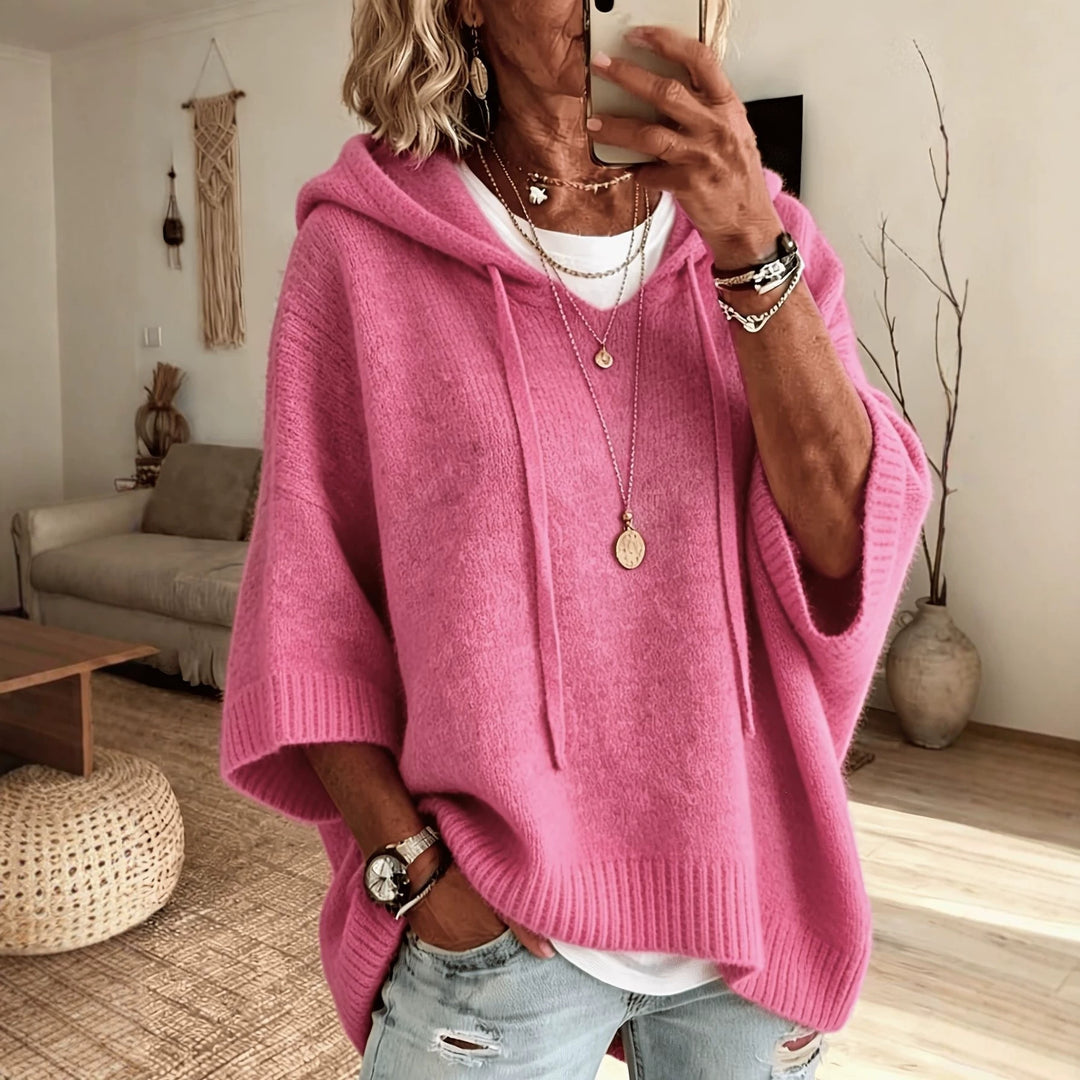 Damen Oversize Strick-Poncho mit Kapuze, Fledermausärmeln und Seitenschlitzen Drune