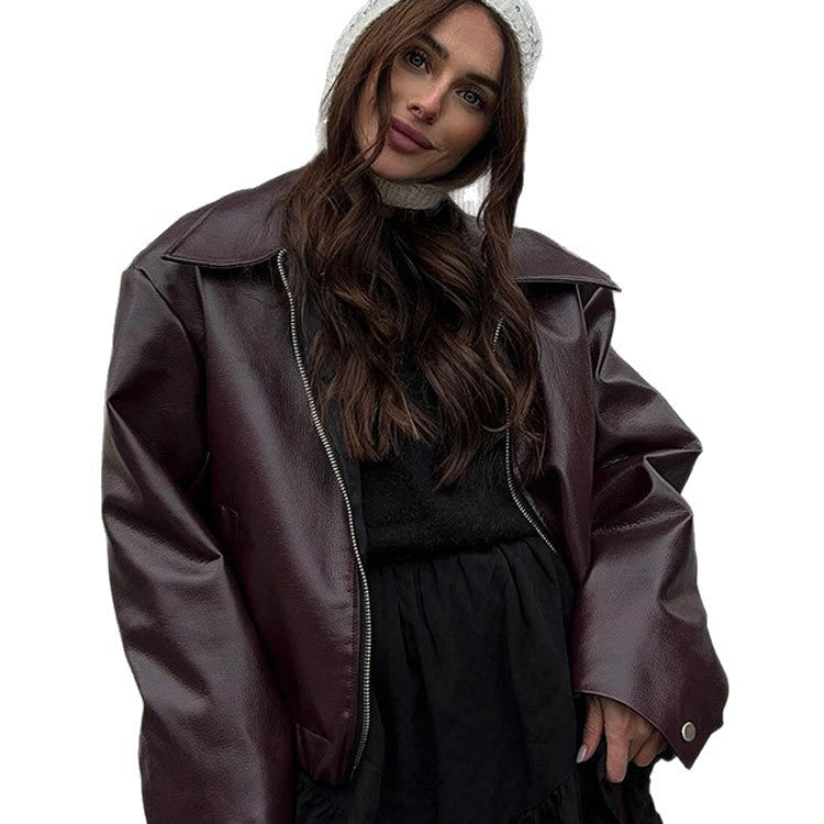 Damen Lässige Kunstlederjacke mit oversized Schnitt und praktischen Taschen Drune