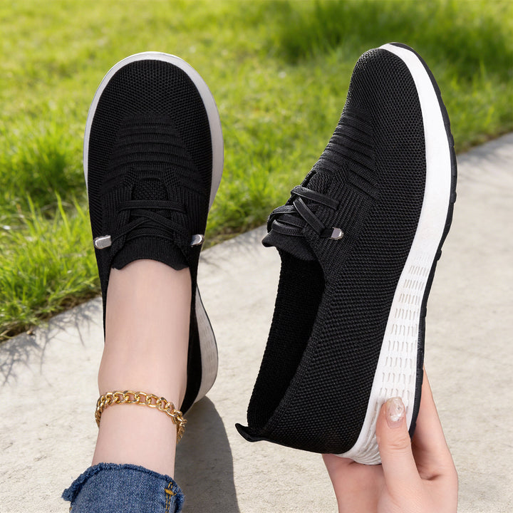 Damen nan leichter gestrickter Slip-On Freizeitschuh mit elastischem Einstieg, dekorativer Zier-Schnürung und dämpfender Leichtprofilsohle Drune
