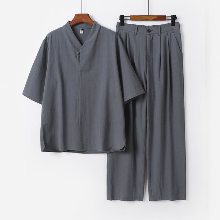Herren Zweiteiliges Leichtes Kimono-Loungewear-Set mit Stehkragen Knotenverschluss Kurzarm und weiter Bundhose Drune