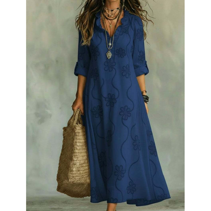 Damen Langes Boho-Maxikleid mit Blumenstickerei und V‑Ausschnitt Drune