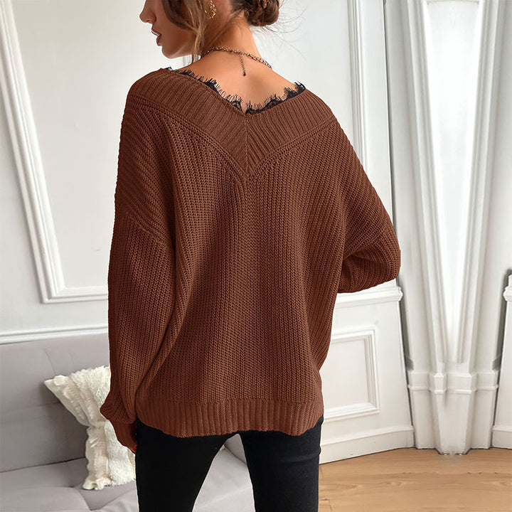 Damen Oversize V‑Ausschnitt Feinstrickpullover mit überschnittener Schulter und Rippbündchen Drune