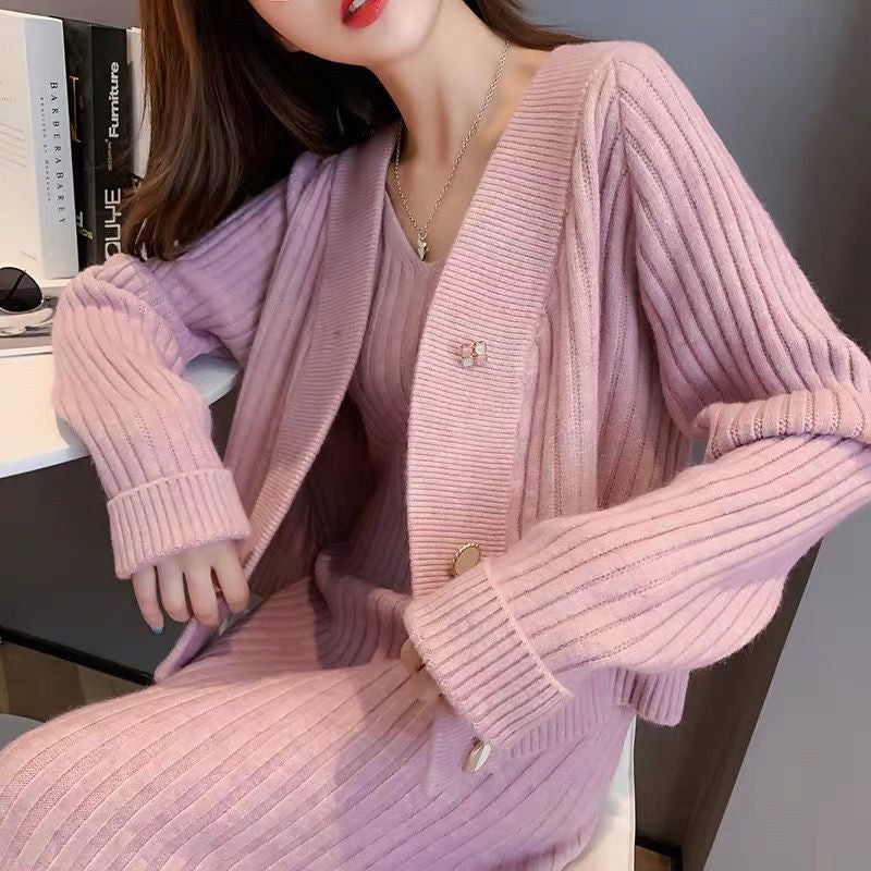 Damen kuscheliges Strickensemble mit V-Ausschnitt und modischem Knopfdetail Drune