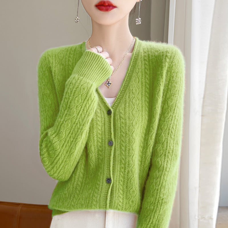 Damen Kurzer Zopfmuster-Cardigan im Mohair-Look mit V‑Ausschnitt und gerippten Bündchen Drune