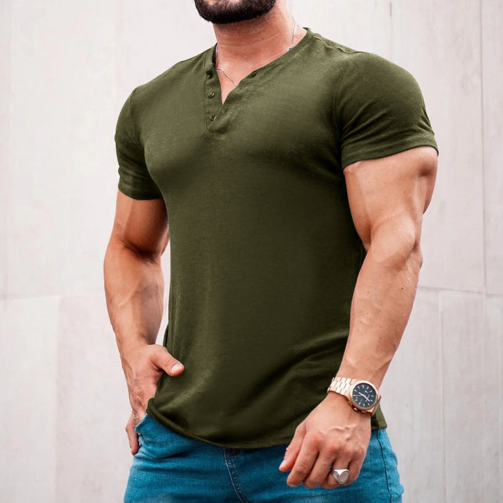 Herren nan muskelbetontes Kurzarmshirt mit Knopfleiste und V-Ausschnitt aus Baumwollstretch Drune