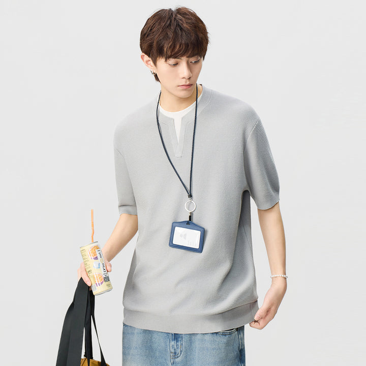 Herren Kurzarm-Strickshirt mit strukturierter Waffeloptik und V-Notch-Kragen Drune