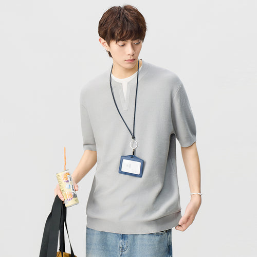Herren Kurzarm-Strickshirt mit strukturierter Waffeloptik und V-Notch-Kragen Drune