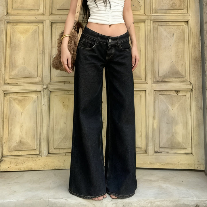 Damen nan weite Highwaist-Jeans mit weitem Bein, hohem Bund und Kontraststeppung Drune