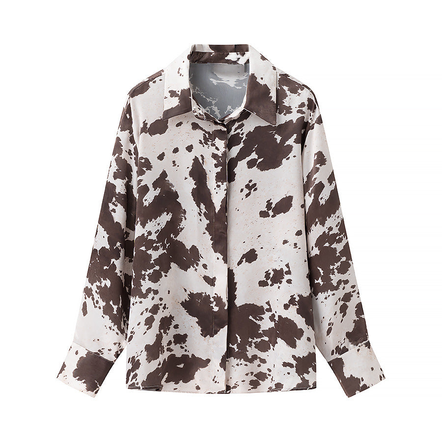Damen Oversize-Hemdbluse mit Kuhflecken-Print, verdeckter Knopfleiste und weitem Schnitt Drune