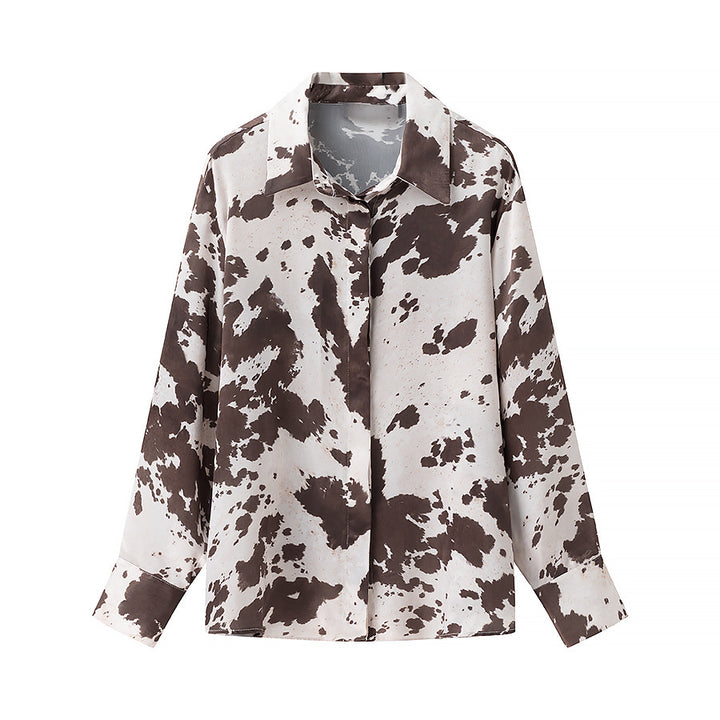 Damen Oversize-Hemdbluse mit Kuhflecken-Print, verdeckter Knopfleiste und weitem Schnitt Drune