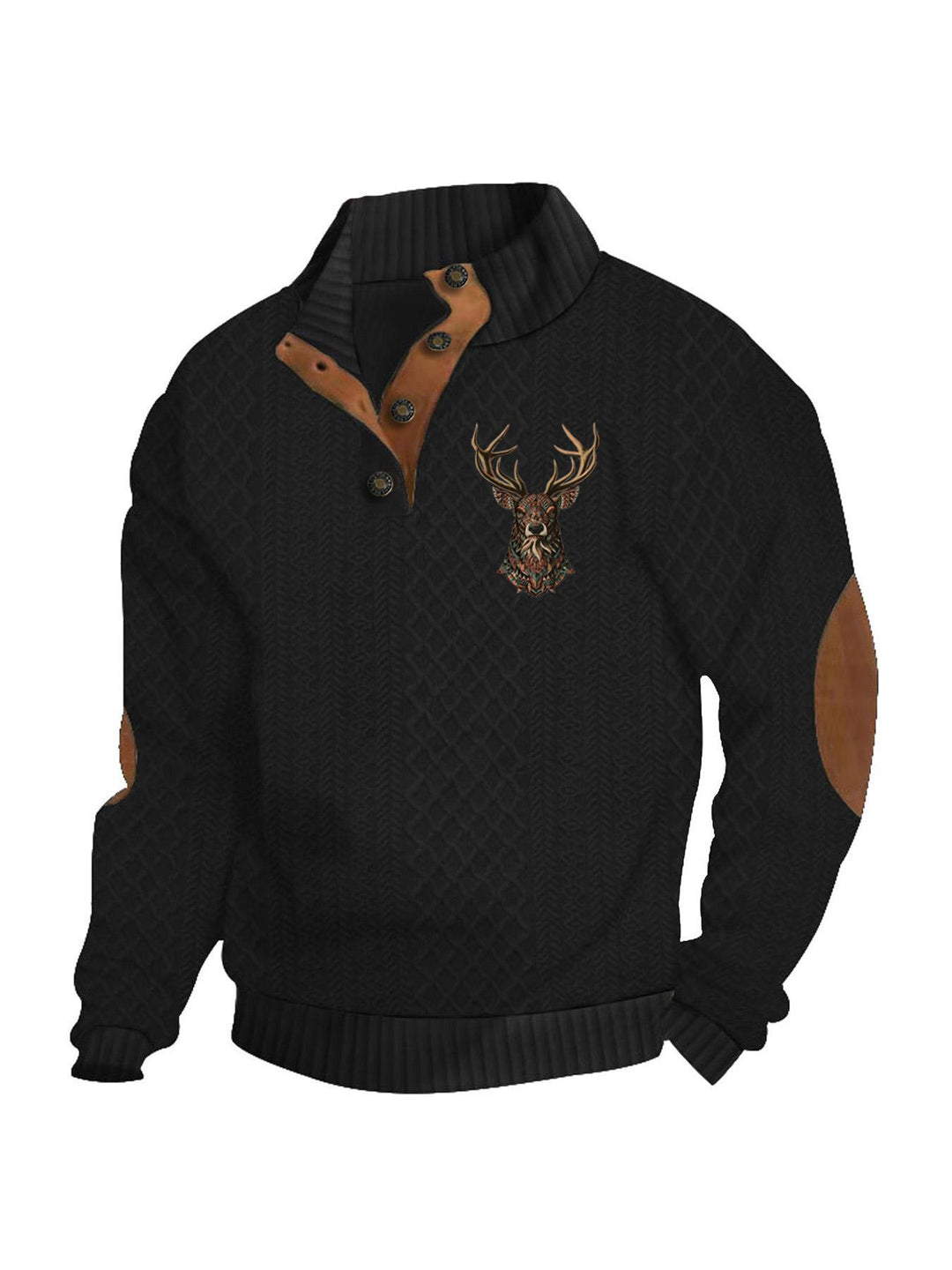 Herren nan Heritage-Strukturpullover mit Stehkragen Lederimitat-Besatz Ellenbogen-Patches und Halbknopfleiste Drune