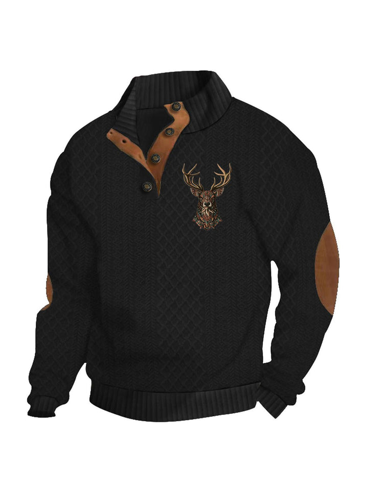Herren nan Heritage-Strukturpullover mit Stehkragen Lederimitat-Besatz Ellenbogen-Patches und Halbknopfleiste Drune