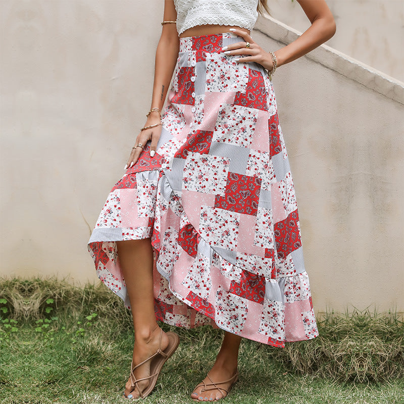Damen Patchwork-Midirock mit Knopfleiste und asymmetrischem Volant Drune