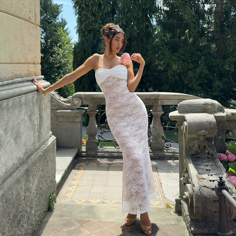 Damen Corsage Maxikleid mit raffiniertem Spitzenmuster und trägerlosem Design Drune