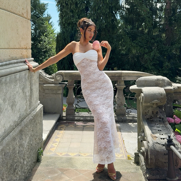 Damen Corsage Maxikleid mit raffiniertem Spitzenmuster und trägerlosem Design Drune