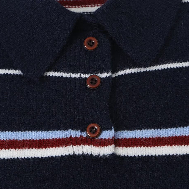 Damen Gestreifter Strickpolopullover mit kurzer Knopfleiste und Rippbündchen Drune