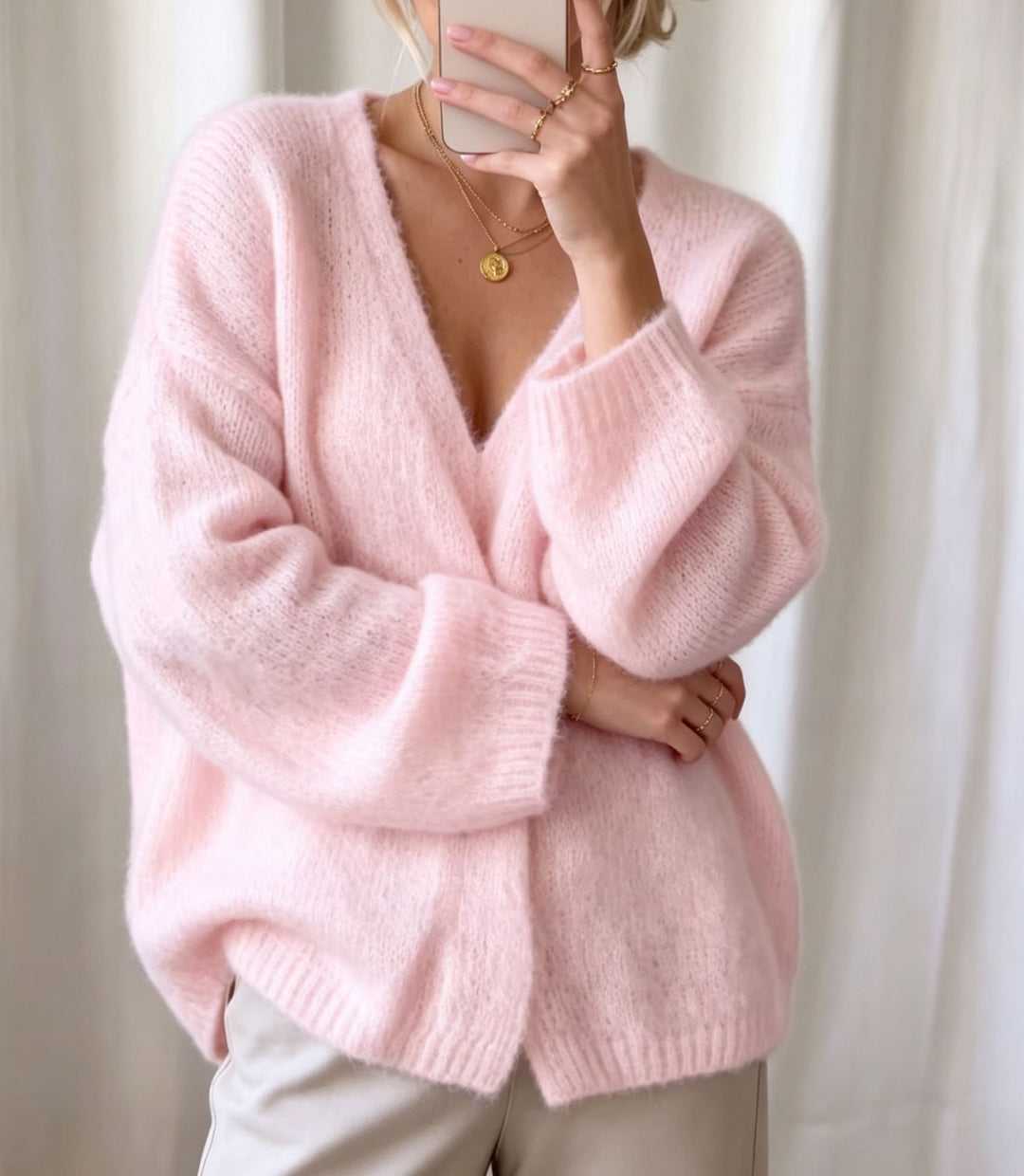 Damen Offener Fluffy-Feinstrick-Cardigan mit tiefem V‑Ausschnitt und legerer Oversize‑Silhouette Drune