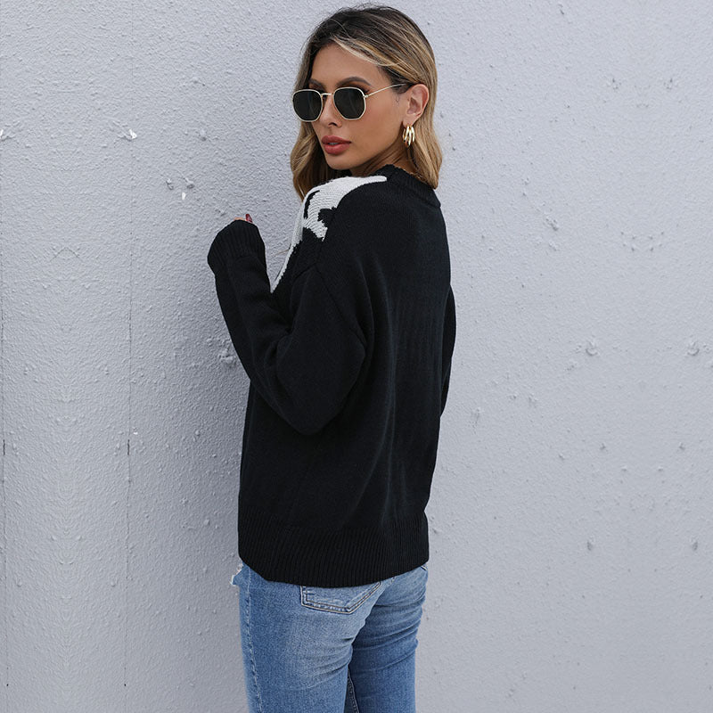 Damen Feinstrickpullover mit kontrastiver Leo‑Jacquard‑Passe und legerer Silhouette Drune