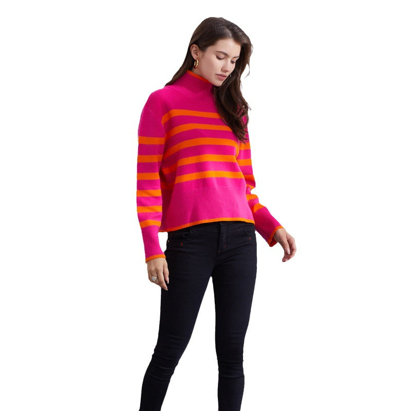 Damen hochwertiger gestreifter Pullover mit Stehkragen Drune