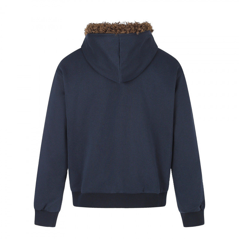Herren Kapuzenjacke mit Vintage‑Flaggenprint, Kunstfellkapuze und Zweiwege‑Reißverschluss Drune