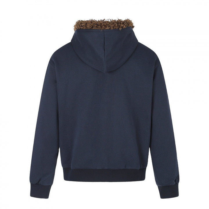 Herren Kapuzenjacke mit Vintage‑Flaggenprint, Kunstfellkapuze und Zweiwege‑Reißverschluss Drune