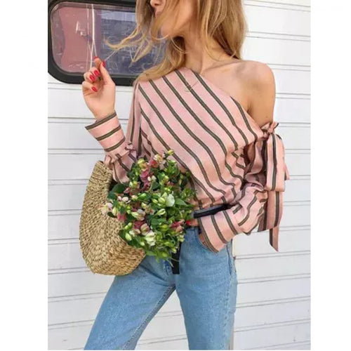 Damen asymmetrische Bluse mit Streifen und verspielten Bindebändern Drune