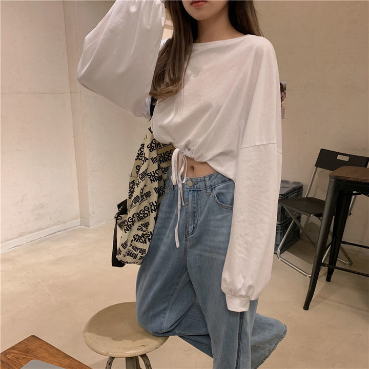 Damen Cropped Sweatshirt mit innovativem Kordelzug und oversized Ärmeln Drune