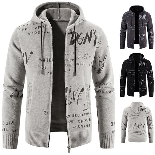 Herren Strick-Kapuzenjacke mit durchgehendem Reißverschluss, grafischem Allover-Print und Eingrifftaschen Drune