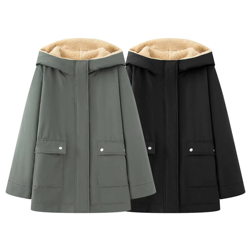Damen nan gefütterte Kapuzenparka mit Teddyfutter, verdeckter Reißverschluss und großen Pattentaschen Drune
