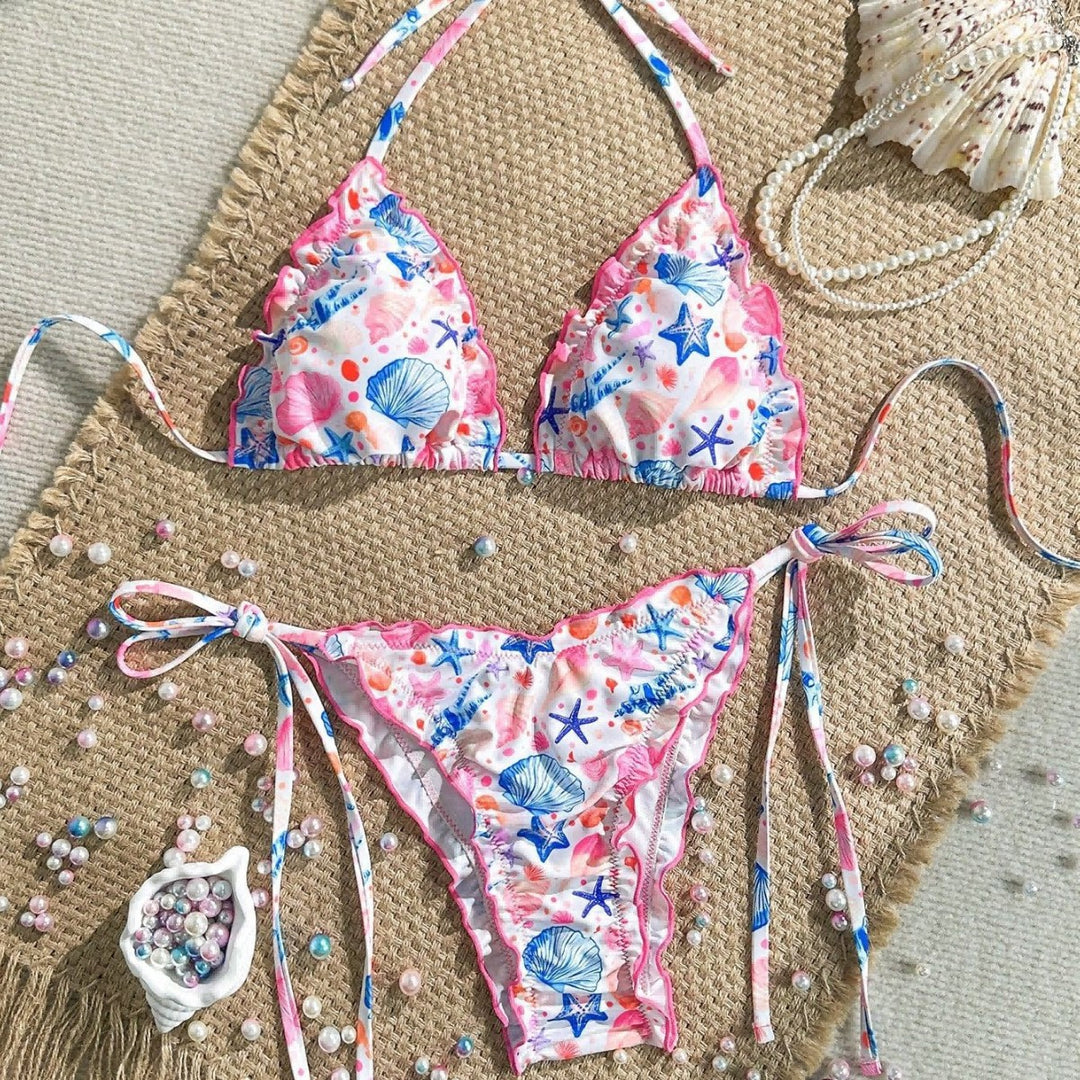 Damen fröhlicher Blumenmuster-Bikini mit Rüschen Drune