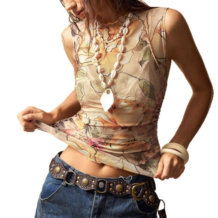 Damen nan figurnahes Mesh-Top mit floralem Aquarellprint, Stehkragen und seitlicher Raffung Drune