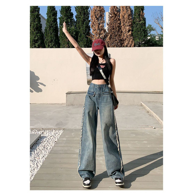Damen Weit geschnittene Denim-Jeans mit Fransen und hohen Beinen Drune