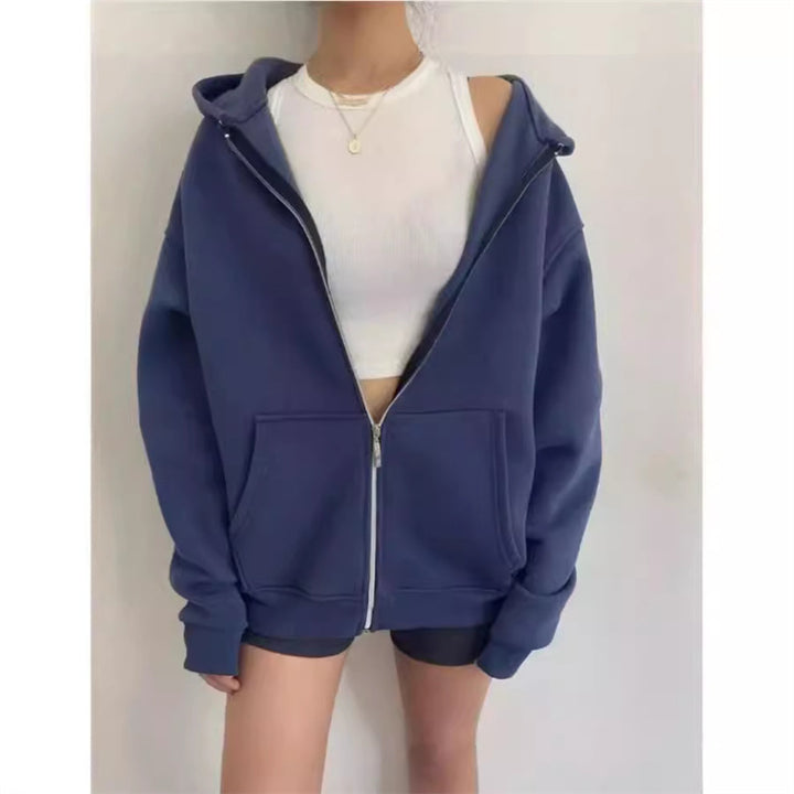 Damen nan oversized Zip-Hoodie mit French-Terry Fleece, Kängurutaschen und verlängerten Ärmelbündchen Drune