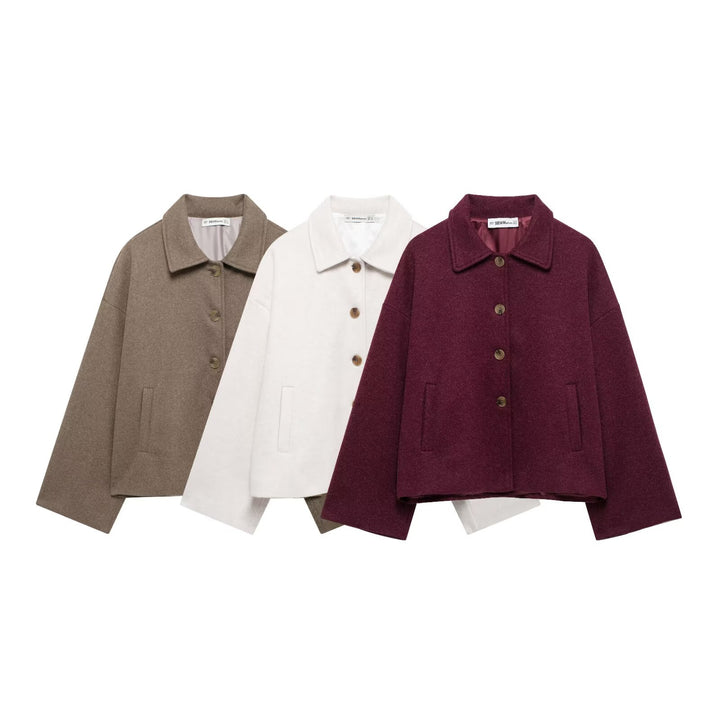 Damen nan kurze kastige Wolljacke mit Hemdkragen, durchgehender Knopfleiste und eingesetzten Eingrifftaschen Drune