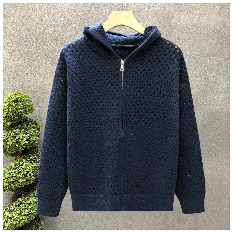 Unisex Leichte Lochstrick-Kapuzenzipjacke mit Ajourmuster Drune